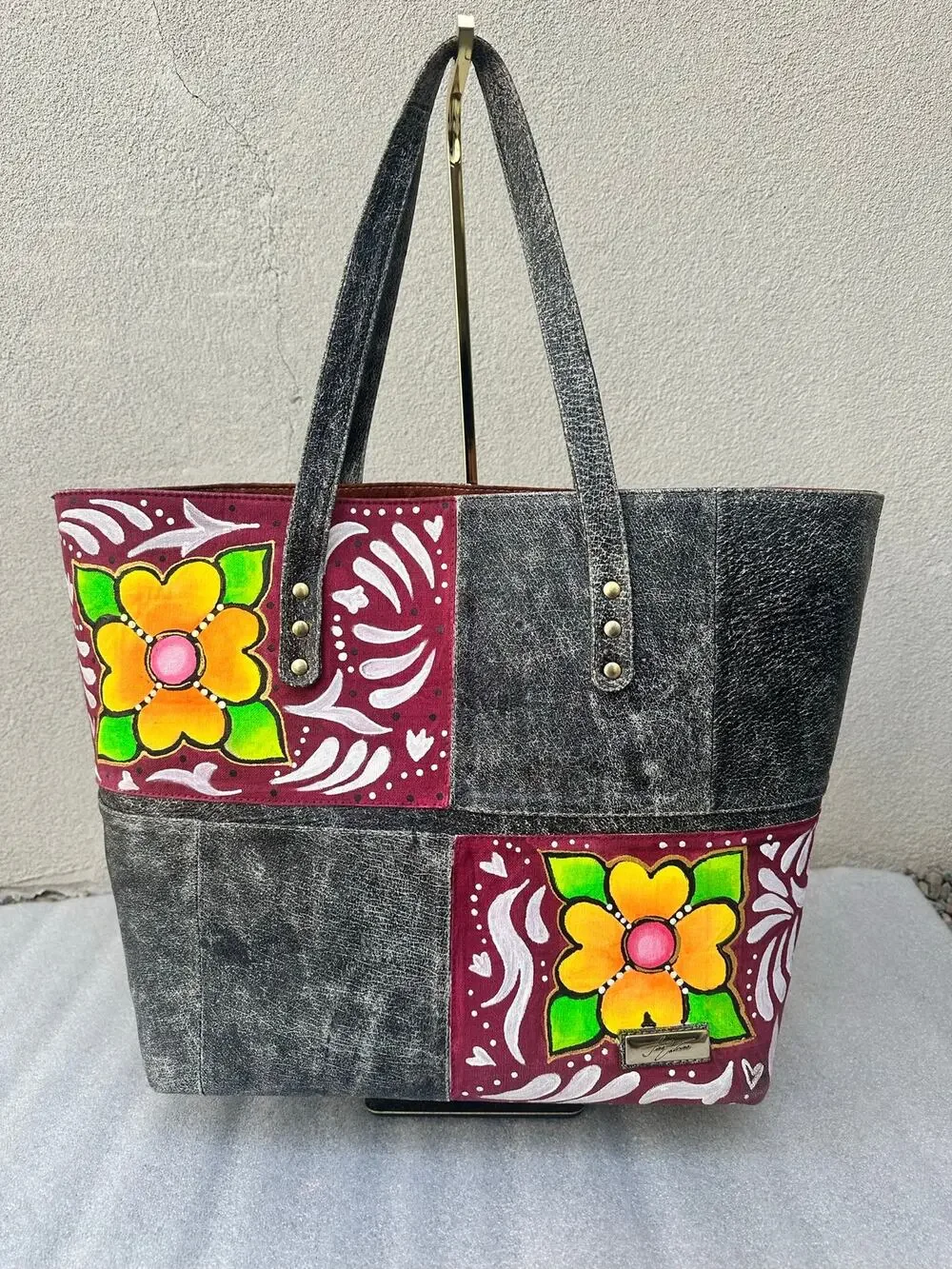 EUC Hand Painted Floral Distressed Patchwork Tote Bag Boho Artisan